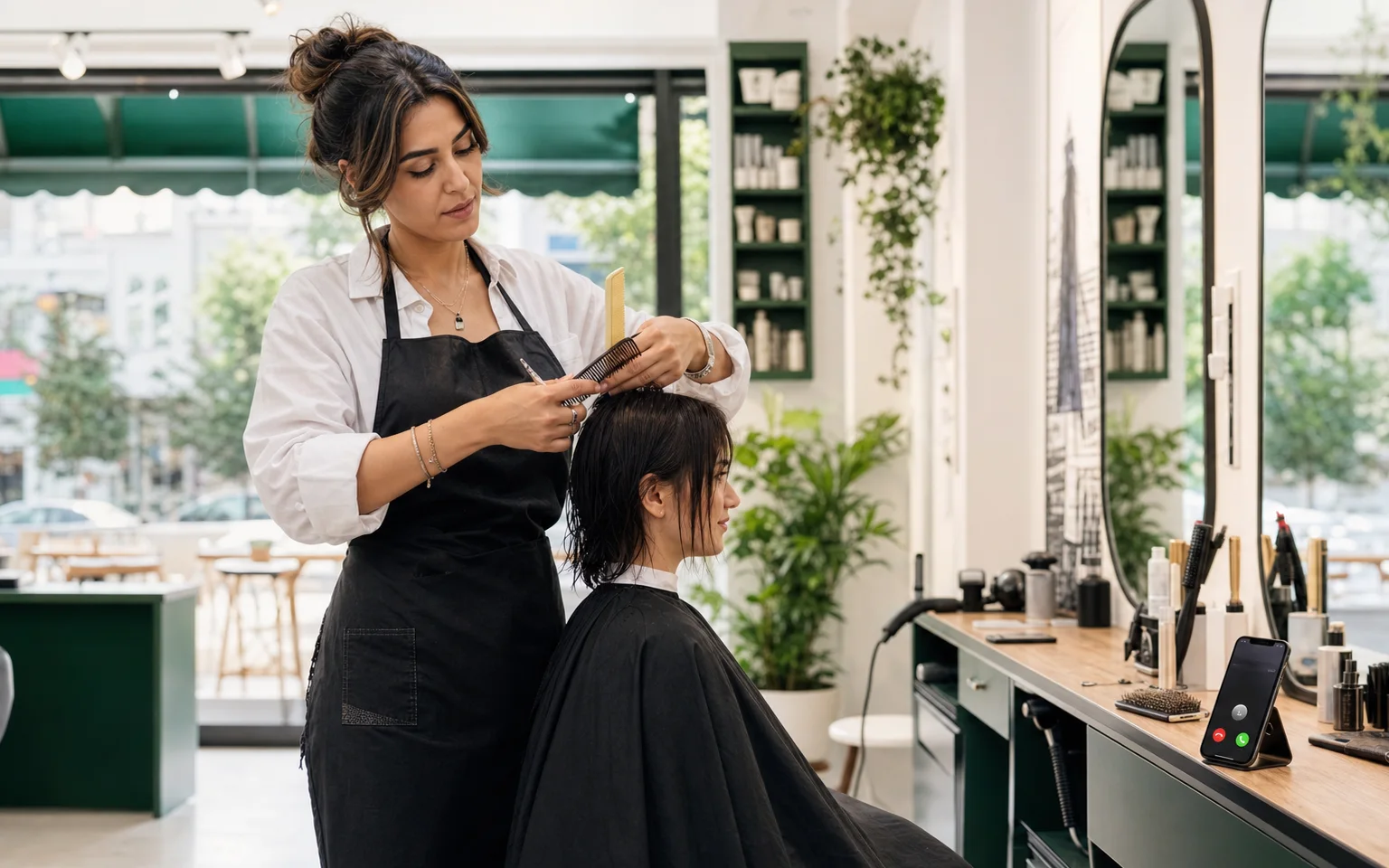 Kuaför işine odaklanırken gelen çağrıyı Sekreter.co karşılıyor
